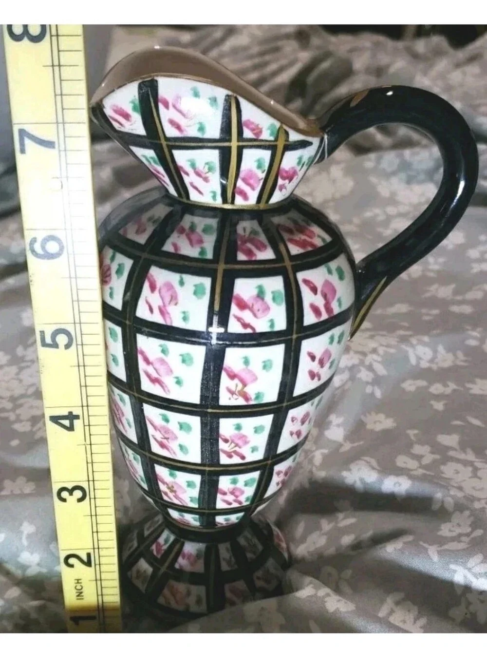 Vtg Handpainted Black Gold Floral Checkered Pitcher Vase